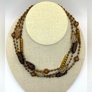 CHICO'S Necklace Multi Strand Layer Gold Tone Brown Clear Metallic Sand Beads